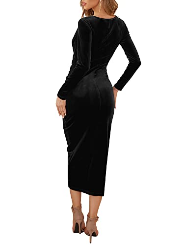 DIRASS Formal Dresses for Women Long Sleeve Ruched Bodycon Dress Velvet Date Night Maxi Slit Dress (Black,L)