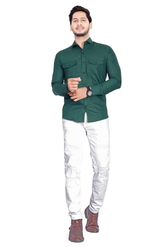 Image of Men's Cotton Spread Collar Full Sleeve Regular Fit Solid Casual Shirt with Double Pockets - Stylish Comfortable Shirt for Everyday Wear