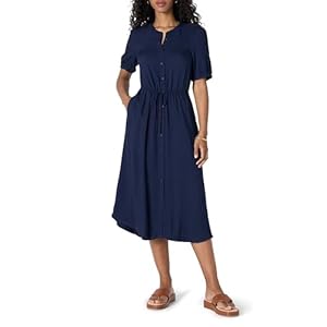 Amazon Essentials Damen Tailliertes Midikleid in A-Linie mit Halben Ärmeln und Ausgestelltem Rockteil mit Taschen, Marineblau, XXL