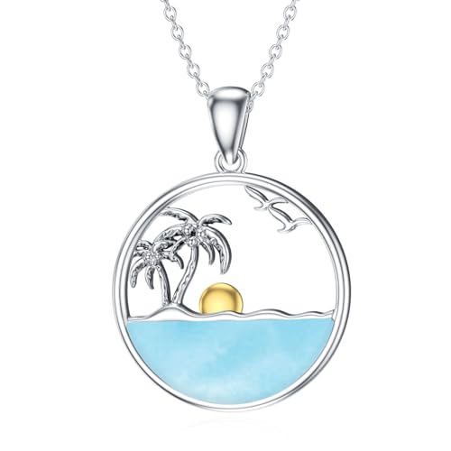 Palm Tree Necklace for Women Sterling Silver Ocean Wave Pendant Necklaces Natural Larimar Gemstone Pendants Jewelry Gift for Mom Wife Girlfriend