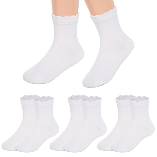 3 Pack Girls White Ruffle Dress Short Socks, Cute Scallop Frilly School Uniform Cotton Crew Ankle Socks