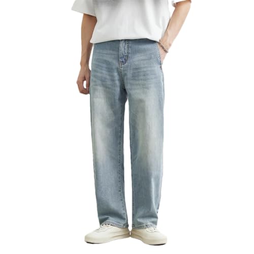 Men's Light Blue Straight Jeans Loose Casual Retro Cropped Denim Pants with Pockets