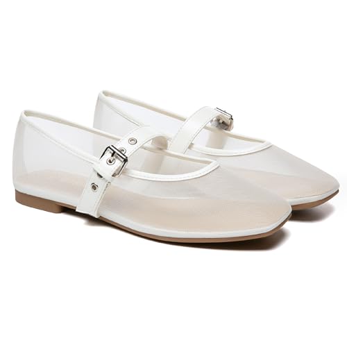 Rihero Women's Mesh Ballet Flats Ballerina White Mary Jane Flats Shoes Women Dressy Comfotable Size 7.53