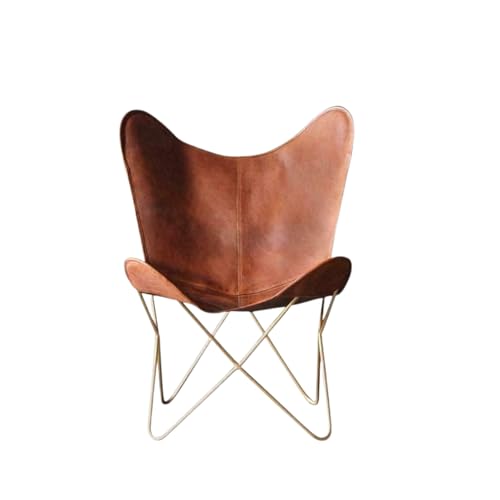 Shy Shy Let’s Touch The Sky Leather Living Room Chairs-Butterfly Chair Brown Leather Butterfly Chair-Handmade with Powder Coated Iron Frame (Cover with Folding Frame) (Golden Frame)