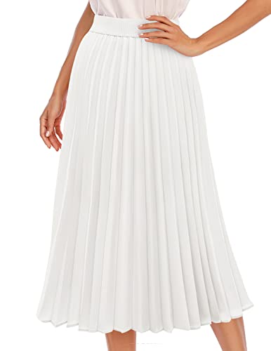 DRESSTELLS White Pleated Midi Long Holiday Party Skirts for Women, Aline High Waisted Caual Office Work Flowy Chiffon Skirt 2025 M