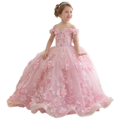 Custom Flower Girl Dresses Tulle Petal Flowers Appliques with Trailing Short Sleeve for Wedding Birthday Party Pageant Holy Communion Banquet Princess Gown