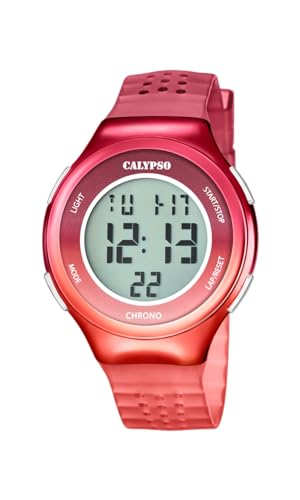 CALYPSO Reloj Digital Hombre y Mujer   Unisex de Caucho Rojo   Cristal de Alta Resistencia Fecha y Calendario, Cronógrafo, Doble Horario, Luz, Alarma, 12 y 24 Horas K5841/5   Color Splash