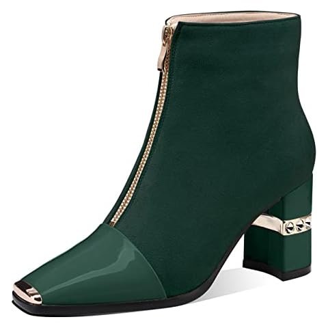 MIRAAZZURRA Women Ankle Booties Chunky High Heel Square Toe Boots Zipper Black Casual Booties for Women, Green, 8 UK Cover