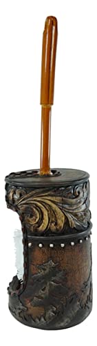 Image of Ebros Gift Rustic Western Country Cowboy Riding Horses Silhouette with Floral Gold Patterns in Faux Tooled Leather Finish Toilet Brush and Sanitary Holder Set Bathroom Accent
