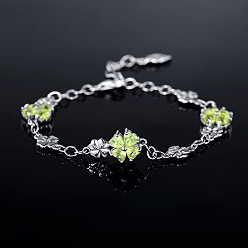 Image of JIANGXIN Lucky Four leaf clover 925 Sterling Silver Birthstone Chain Link Bracelet for Women Gemstone Jewelry Shamrock Birthday Gift 16+4cm