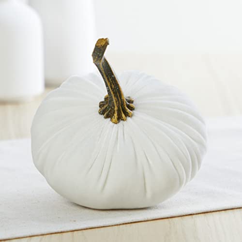 Set of 4 Small Velvet Pumpkins, Handmade Home Decor, Holiday Mantle Decor, Fall Halloween Thanksgiving Centerpiece, Rustic Fall Wedding Centerpiece (2 Luxe Medallion, Ivory, Gold)