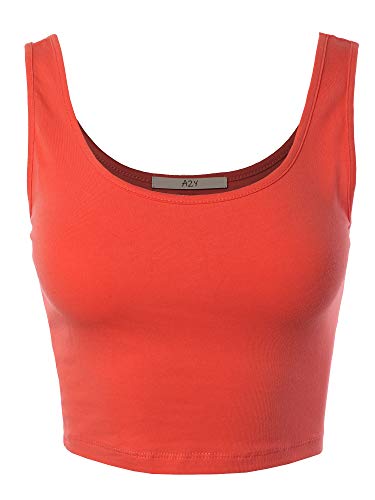 A2Y Fitted Cotton Scoop Neck Sleeveless Crop Tank Top Coral L