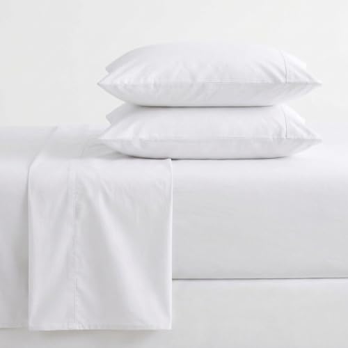 Image of Martha Stewart - Twin Size Sheets Set, Crisp & Tailored Cooling Sheets w /a Naturally Smooth Cotton Percale Lightweight Feel - Bed Sheets with Matching Pillowcase & Fitted Sheet (Skylands Solid White)