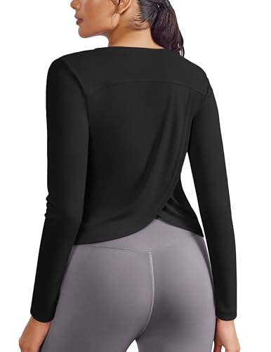 PINSPARK Sportshirt Damen Langarm Sport T-Shirt Atmungsaktiv Funktionsshirt Rundhals Gym Top Leicht Langarmshirt UPF 50+ Laufshirt Yoga Fitness Oberteile Schwarz S