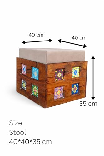 Image of Wooden Coffee Table with 4 Stools, Ceramic Tiles On Table Top with Ceramic Tiles Design Stool, Table 86x86x46 cm, Stool 40x40x35 cm (Natural)