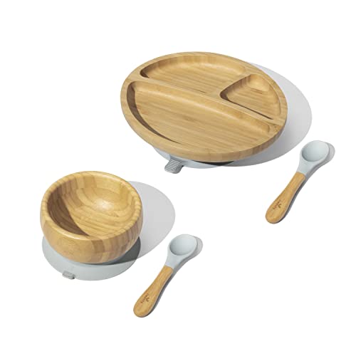 Avanchy Toddler Baby Feeding Suction Plate, Bowl, Spoons Set, Soft Tip Silicone Spoon Babies Set, Divided Bamboo Stay Put Plates, Fits Most Eating Highchairs, Gray