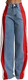 KELYWELL Women's Color Block High Waisted Jeans Wide Leg Stretchy Buttoned Denim Pants Patchwork Stripes Baggy Jeans (Blue Red,Medium)