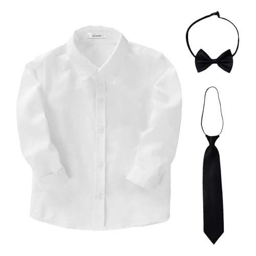 Boys Uniform Dress Shirt Cotton Long Sleeve Button Down Tops with Tie & Bowtie Set for School Church Wedding