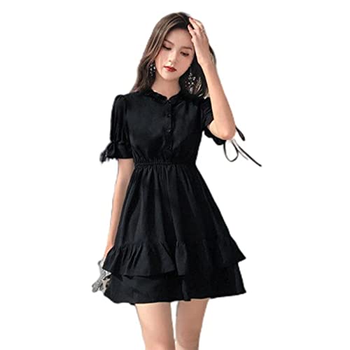MENGQING Vestido corto de verano estilo Lolita japonés para mujer, vestido gótico de cintura alta, vestido de fiesta de manga corta con volantes, negro, L