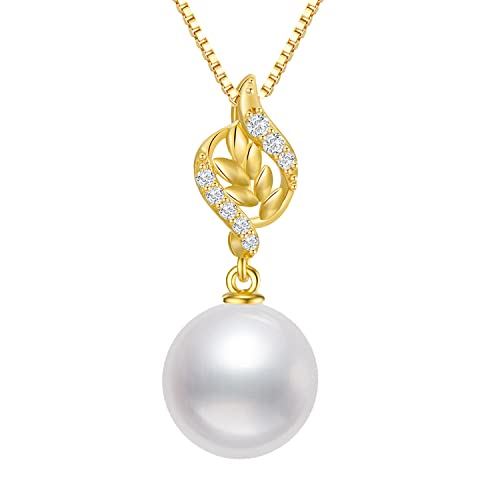 14K Gold Diamond Leaves Pearl Necklaces For Women, Real Gold Box Chain And Pendant, Anniversary Present For Wife, Christmas Jewelry Gifts For Her, 16-18 Inch #TOP29