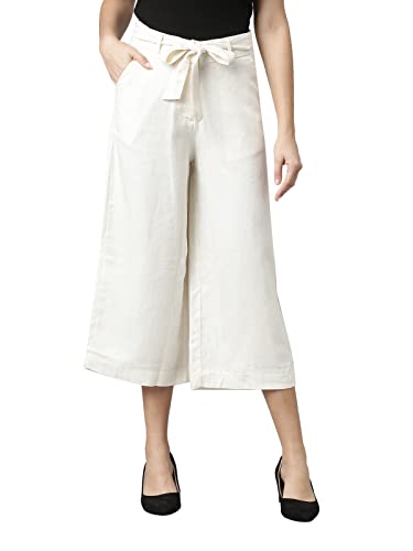 Image of GO COLORS Solid Linen Culottes for Women | High Rise, Side Pockets, Front tie-up