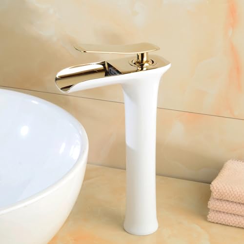 Mitigeur de lavabo blanc et or à poignée unique commande fluide eau chaude froide pour vasque