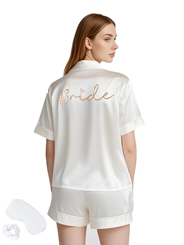 Image of MI X TEE 4Pcs Bride Pajama Summer Silk Pajamas for Team Bride Short Sleeve Shorts PJS Matching Pajamas with Bridesmaid