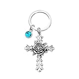 SEIRAA Rose Cross Keychain With 12 Birthstones Jewelry Memorial Gifts Baptism First Communion Key Ri