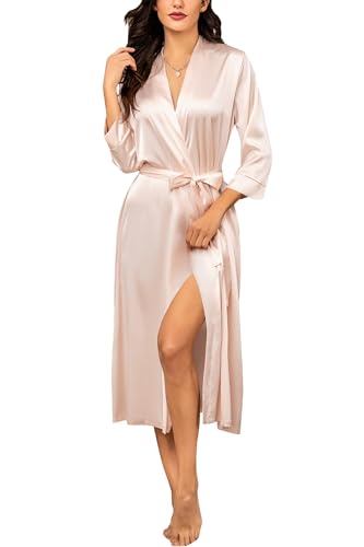 HOTOUCH Silk Robes for Women Long Bridesmaid Wedding Party Satin Robes Sleepwear with Pockets
