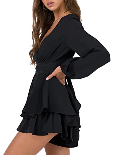 Hocuos Women's Long Lantern Sleeve Plunging V Neck Dress Tie Waist Layer Ruffle Hem A Line Swing Casual Short Mini Dress2