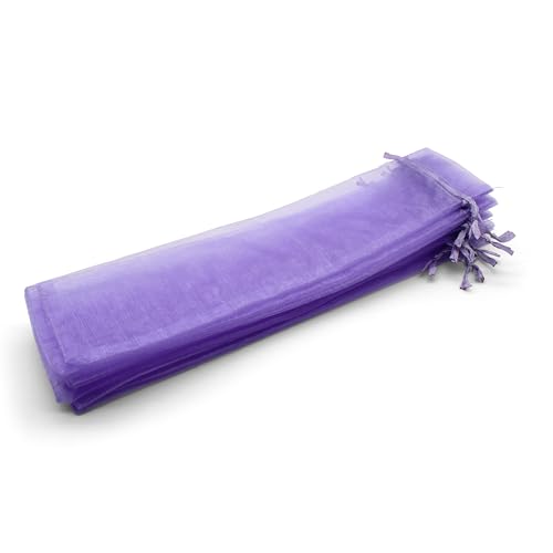OLILLY - 50 Pochettes Violettes en Organza - Taille 26 cm x 6 cm - Idéal pour Objet Long (Eventails, Stylos, ...) (Violet)