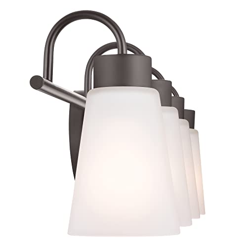 Image of Kichler Erma 4-Light Bathroom Vanity Light Fixture with Satin Etched Glass, Updated Traditional Wall Light in Olde Bronze for Bathroom Mirror (32.5 inch x 8.5 inch x 6 inch), 55127OZ