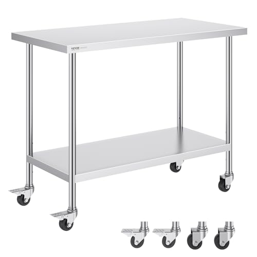 Image of VEVOR Stainless Steel Work Table 24 x 48 x 38 Inch, with 4 Wheels, 3 Adjustable Height Levels, Heavy Duty Food Prep Worktable for Commercial Kitchen Restaurant, Silver