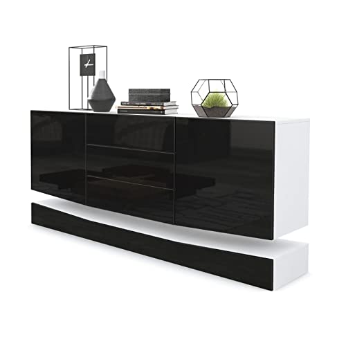 Vladon Sideboard City, Blanc Mat/Noir Haute Brillance - Commode Moderne pour Votre Salon (178 x 72 x 38 cm)