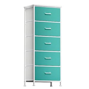 YILQQPER Dresser for Bedroom with 5 Drawers, Tall Storage Tower for Closet, Living Room, Nursery, Blue Dresser with Sturdy Steel Frame, Fabric Bins, Leather Finish, Wood Top, Aqua Blue