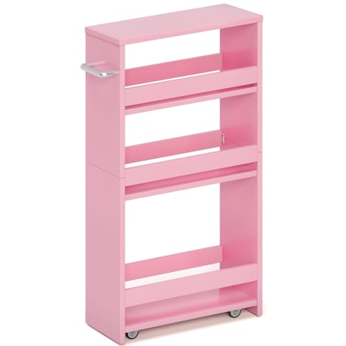 MARTY Pink Slim Storage Cart, 4-Tier Rolling Bookshelf Kitchen Cart with Wheels, Laundry Room...
