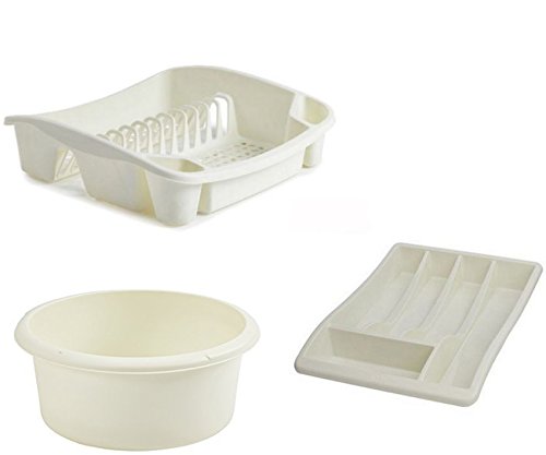 Image of 3 Piece Whitefurze Kitchen Set Round Washing Bowl Dish drainer Cutlery Tray (Cream)