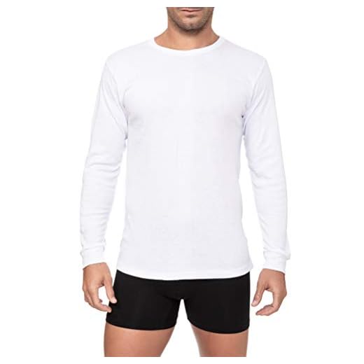 Camiseta Interior Térmica Algodón Manga Larga Hombre Cuello Redondo Colores Lisos (Blanco, L)