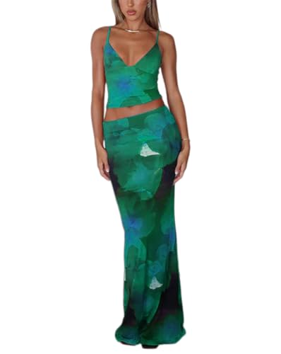 Image of ksotutm Maxi Skirt Set Floral Print Halter Top Maxi Skirt Sexy Going Out Outfits for Women