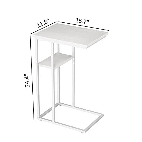 Innerjoin C Shaped End Table, C Side Table With Metal Frame, Tv Tray Table For Sofa, Bed, Rustic Vintage Style, White #TOP2