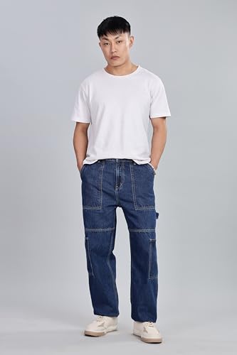 Image of INKD Men's Carpenter Baggy Jeans - Mid-Rise | 100% Cotton | Contrast Stitch| 6 Pocket Styling | Baggy Jeans for Man | Loose fit & Comfortable (Available in Plus Sizes)