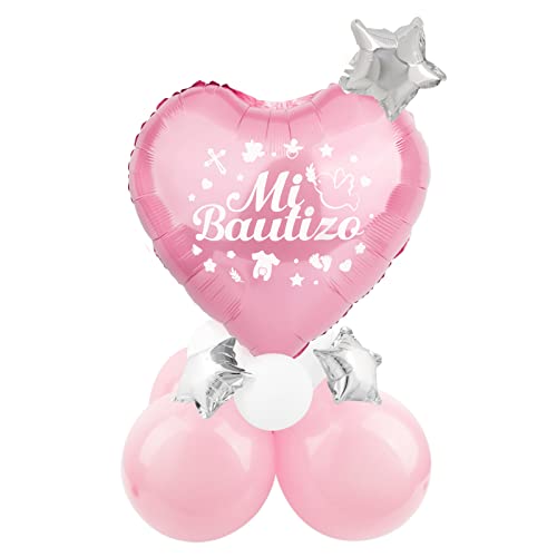 16pcs Globos de Bautizo Decoración de Mesa Mi Bautizo Rosa Globos de Aluminio Decorativos Globos Látex Adorno Español para Fiesta de Bautizo Bautismo Niñas