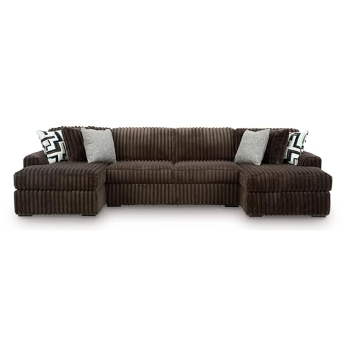 Image of Signature Design by Ashley Midnight-Madness Sectional, U-Shape 3-Piece Double Chaise, Plush Jumbo Corduroy Upholstery, Oversized Lounging for Family Movie Nights, 150 inch W, Chocolate Brown