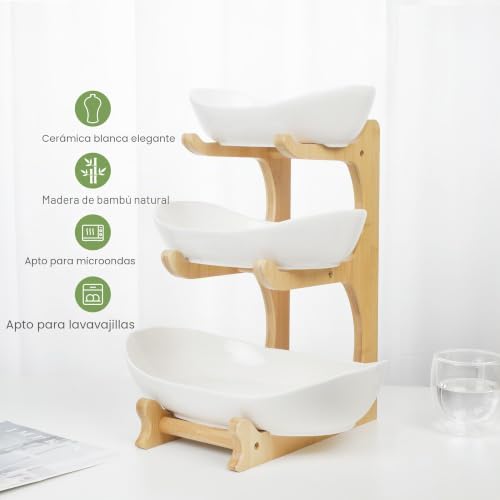 Miniatura 4 de Seven Sparta Cuenco De Frutas De 3 Niveles Para Encimera De Cocina Edición Plus , Cuencos De Cerámica Con Soporte De Bambú, Cesta De Frutas Escalonada De Gran Tamaño Para Almacenamiento De Frutas Y