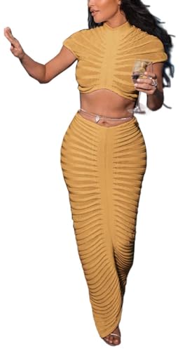 Image of Sexy See Through Long Dress Knitted Sheer Mock Neck Crop Top and Maxi Skirt 2 Piece Outfits Sets