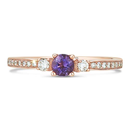 LE VIAN 14K Rose Gold, Round Purple Amethyst & 1/6 Cttw Diamond Three Stone Ring (H-I Color, VS2-SI1 Clarity) - Size 7