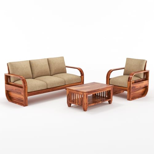 Image of Solid Sheesham Wood 4 Seater Sofa Set | Wooden Sofa Set for Your Living Room with Brown Cushions | Four Seater Sofa Set for Home (3+1 Mett, Honey)
