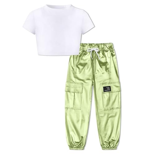 Image of Betusline Girls Clothes 2 Piece Set, White Cute Short Sleeve Crop Tops + Grass Green Metal Cargo Jogger Pants Clothes，6-7 Years = Tag 130