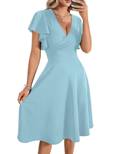 Image of LYANER Women's Warp V Neck Ruffle Short Sleeve A Line Swing Flared Cocktail Party Midi Dress