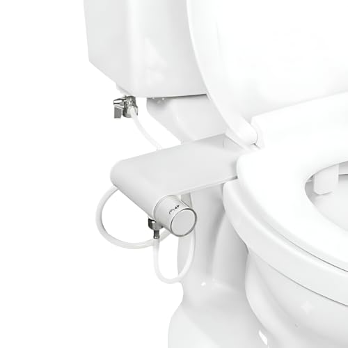 Rear & Feminine Right Handed Ultra Thin Bidet Attachment for Toilet with Self Cleaning Dual Nozzles - No Wiring Needed - Easy DIY Install - Includes Hybrid Brass 3-way T with ON/OFF & Travel Bidet